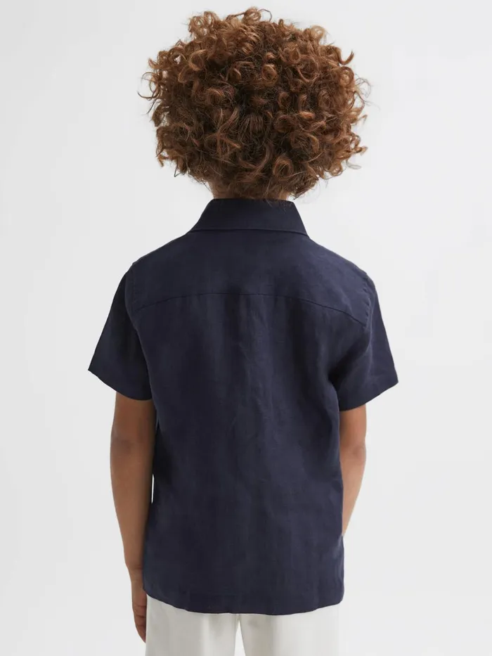 Children Reiss Shirts Holiday Short Sleeve Linen Shirt Navy