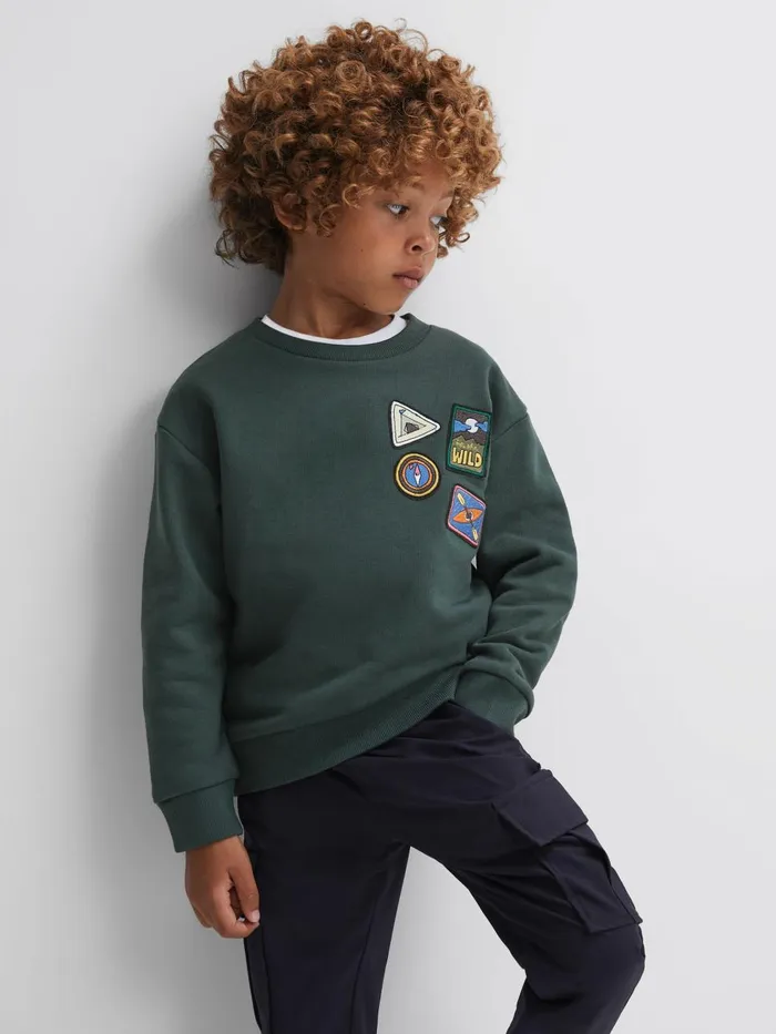 Children Reiss TShirts Lucas Relaxed Fit Patch Crew Neck Jumper Forest Green