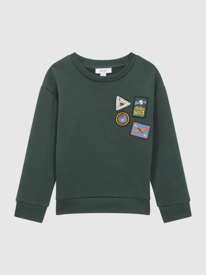 Children Reiss TShirts Lucas Relaxed Fit Patch Crew Neck Jumper Forest Green