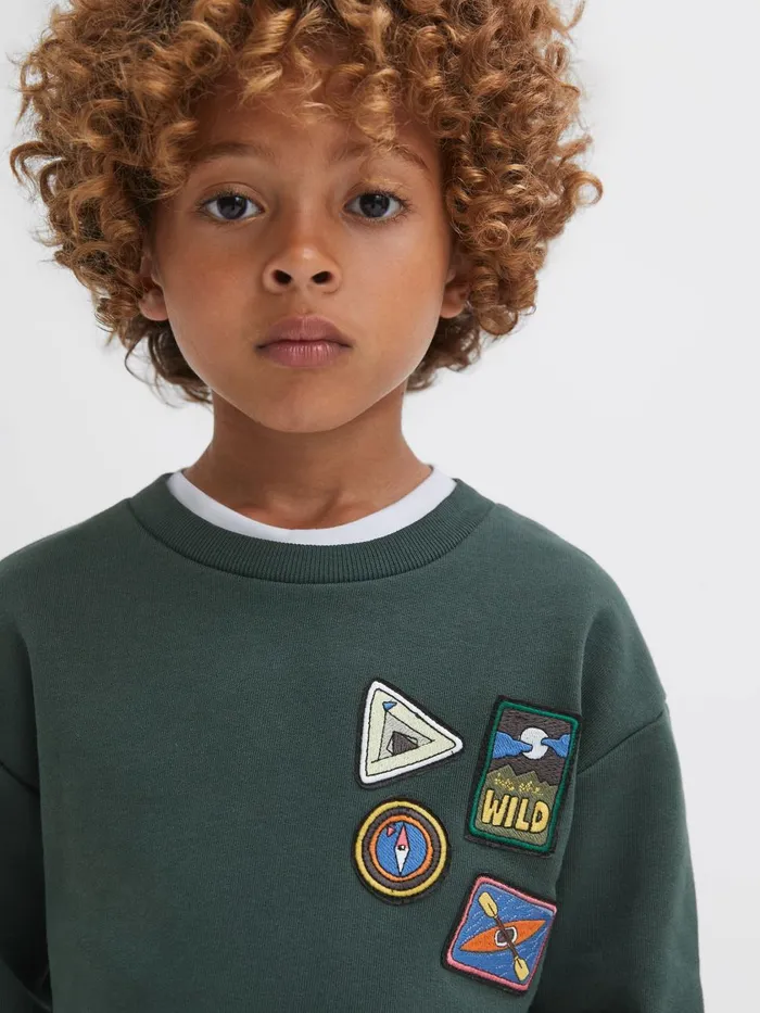 Children Reiss TShirts Lucas Relaxed Fit Patch Crew Neck Jumper Forest Green