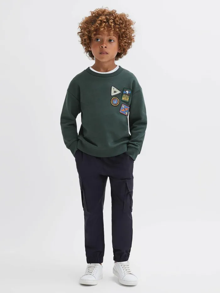 Children Reiss TShirts Lucas Relaxed Fit Patch Crew Neck Jumper Forest Green