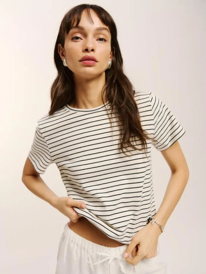 Clothing The Reformation Classic Crew Tee Black And White Stripe