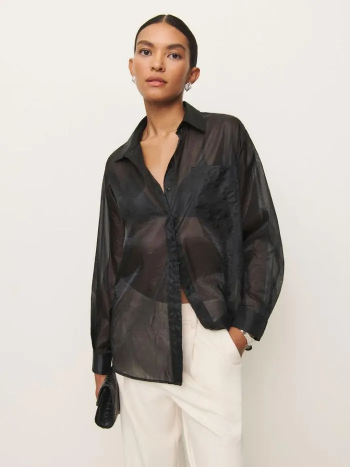 Clothing The Reformation Eli Oversized Sheer Shirt Sheer Black