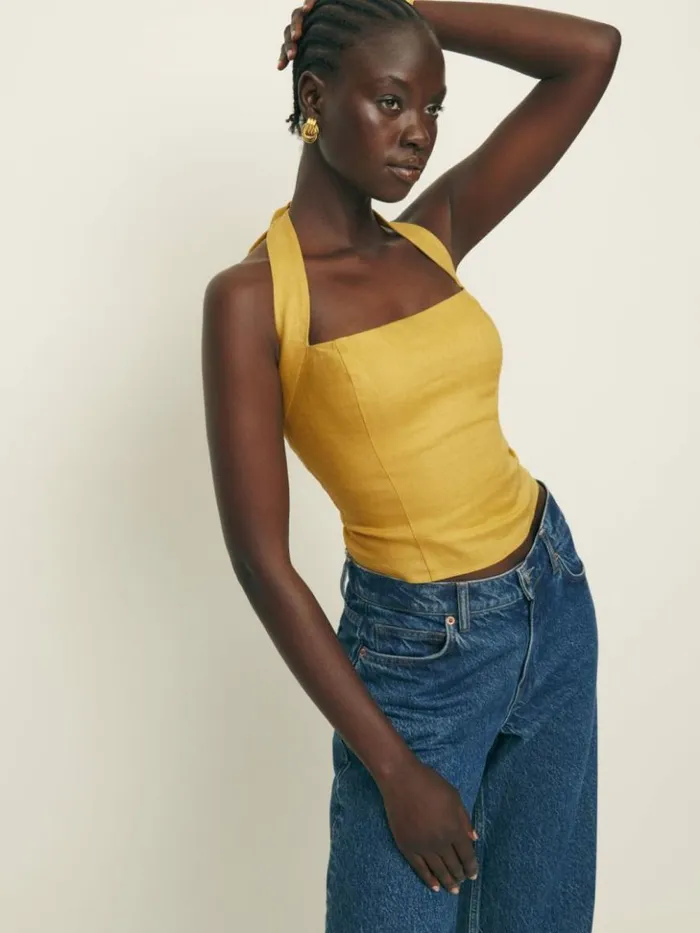 Clothing The Reformation Malika Linen Top Sunflower