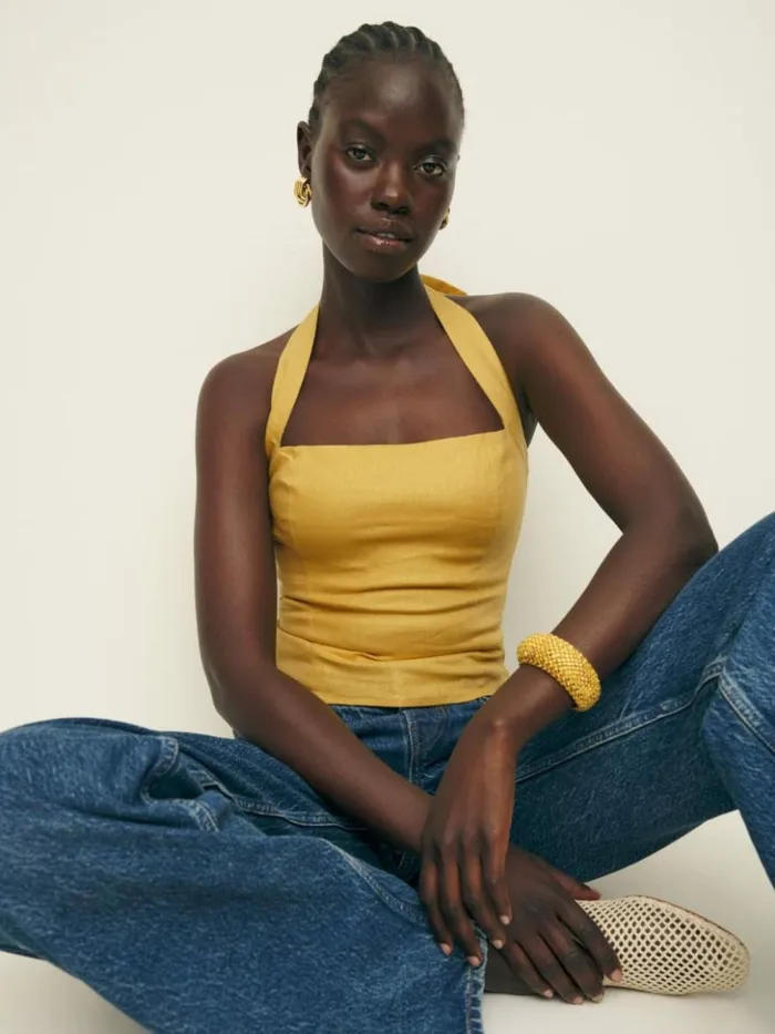 Clothing The Reformation Malika Linen Top Sunflower