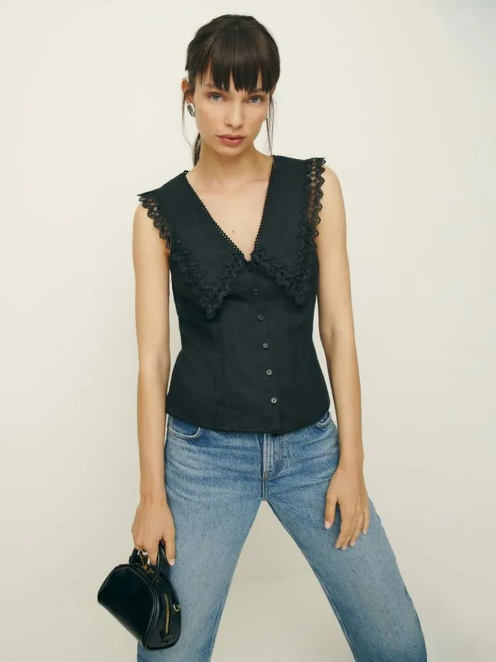 Clothing The Reformation Melodie Linen Top Black