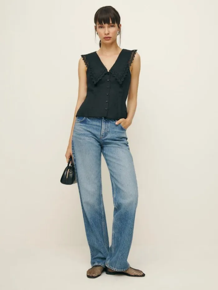 Clothing The Reformation Melodie Linen Top Black