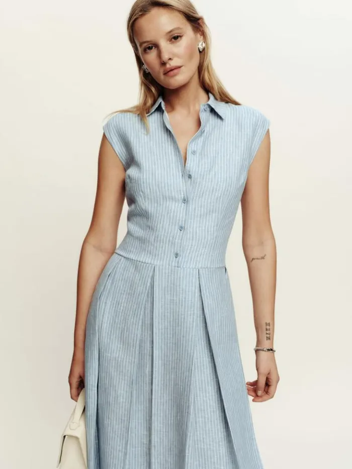 Clothing The Reformation Prim Linen Dress Cornflower Stripe