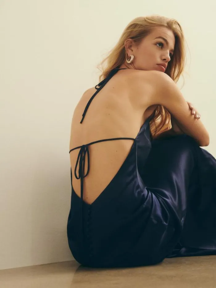 ClothingWeddings The Reformation Jeany Silk Dress Navy