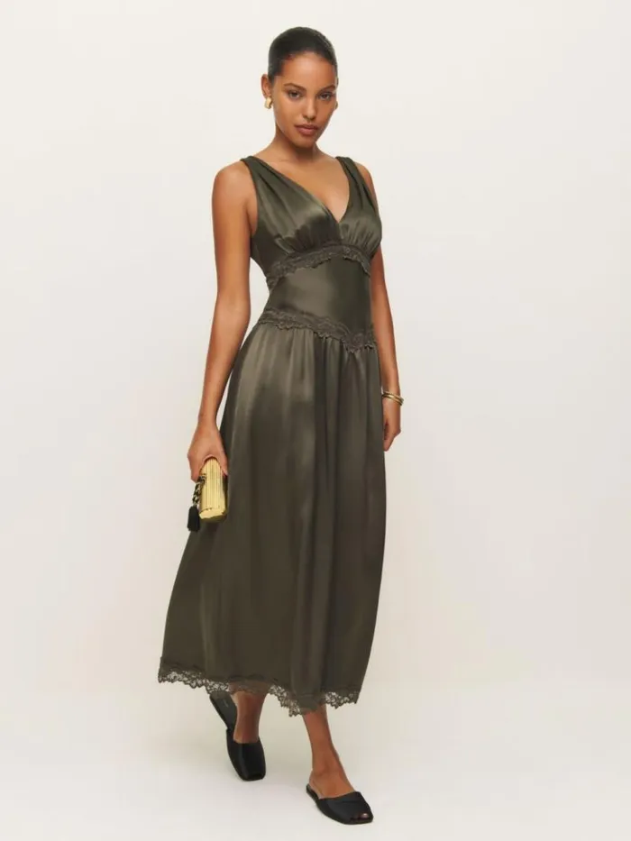 ClothingWeddings The Reformation Stasia Silk Dress Pine Tree