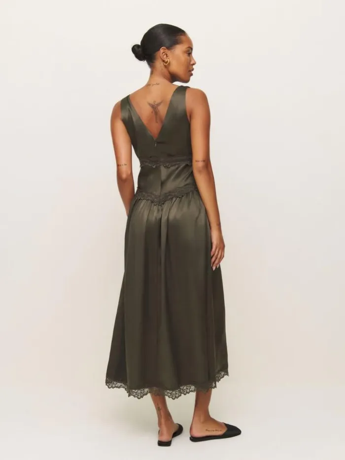 ClothingWeddings The Reformation Stasia Silk Dress Pine Tree