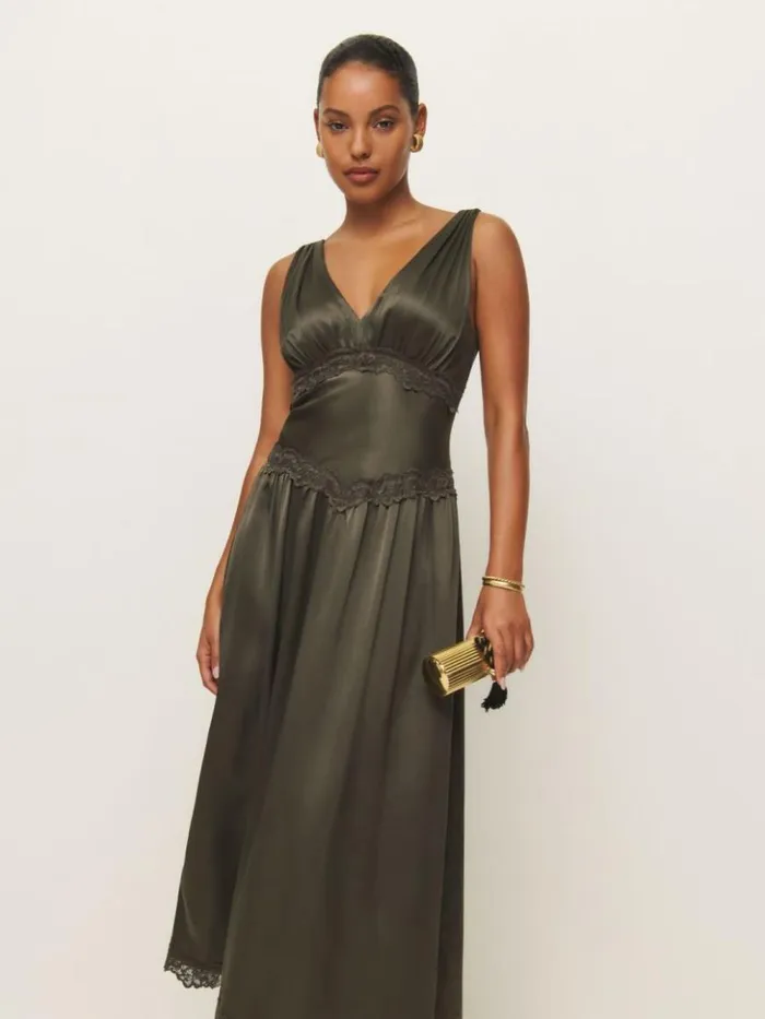 ClothingWeddings The Reformation Stasia Silk Dress Pine Tree