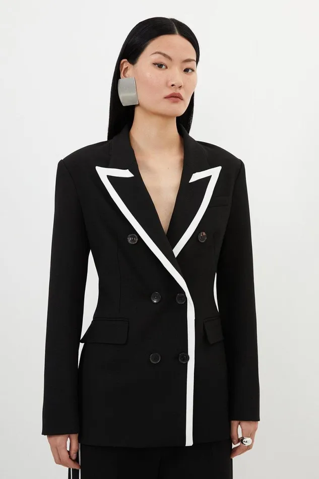 CoOrds Women Karen Millen Compact Stretch Contrast Tipped Tailored Double Breasted Blazer Black CoOrds Women Karen Millen Compact Stretch Contrast Tipped Tailored Double Breasted Blazer Black
