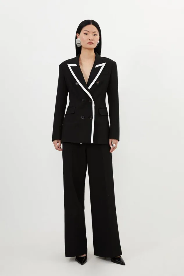 CoOrds Women Karen Millen Compact Stretch Contrast Tipped Tailored Double Breasted Blazer Black