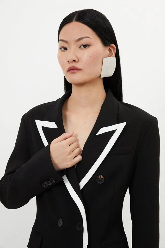 CoOrds Women Karen Millen Compact Stretch Contrast Tipped Tailored Double Breasted Blazer Black