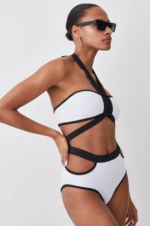 CoOrds Women Karen Millen Mono Halter Neck Strap Detail Bikini Set Mono