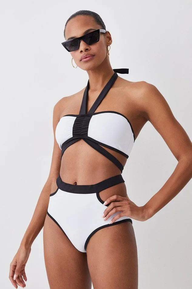 CoOrds Women Karen Millen Mono Halter Neck Strap Detail Bikini Set Mono