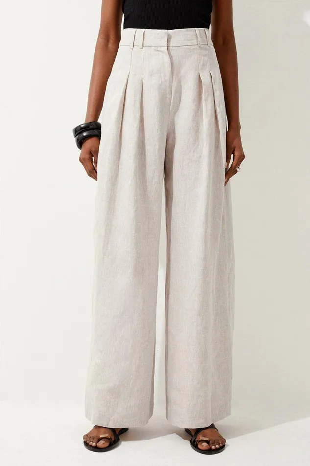 CoOrds Women Karen Millen Tailored Linen Cropped Pocket Detail Blazer and Trouser Set Pale Grey