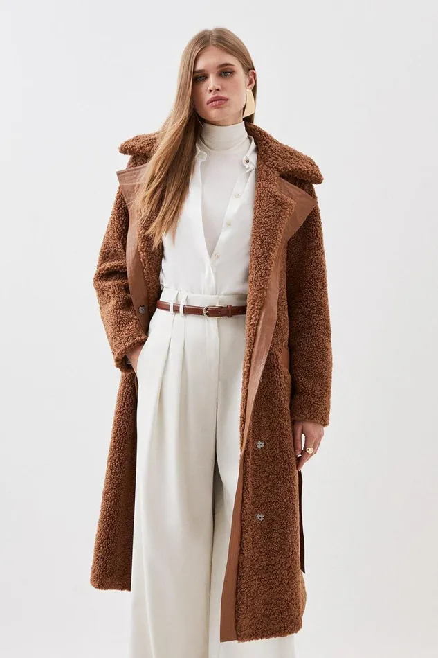 Coats and Jackets Women Karen Millen Collared Faux Fur Belted Coat Toffee