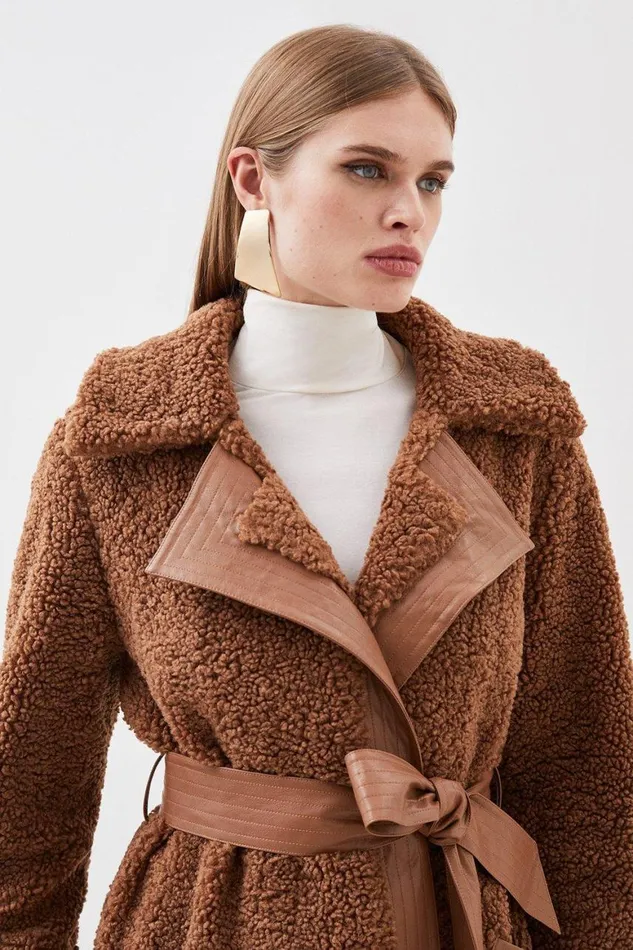Coats and Jackets Women Karen Millen Collared Faux Fur Belted Coat Toffee