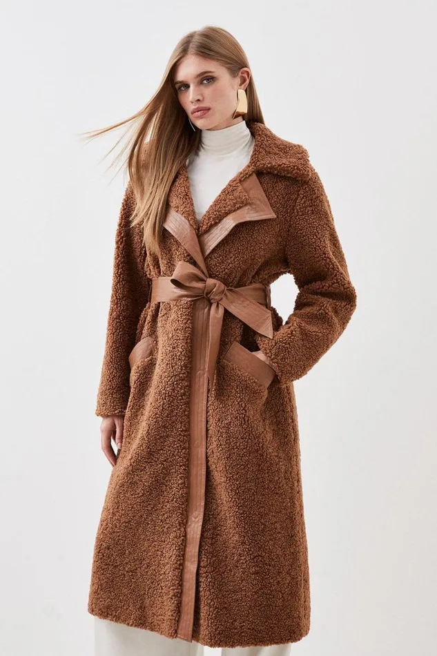 Coats and Jackets Women Karen Millen Collared Faux Fur Belted Coat Toffee