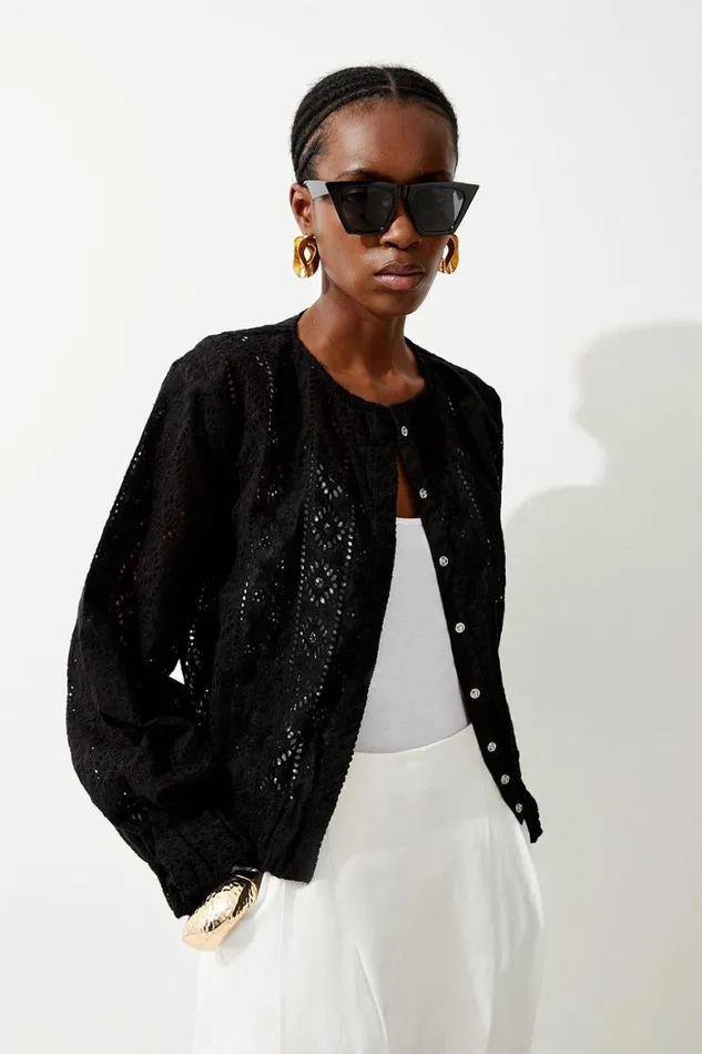 Coats and Jackets Women Karen Millen Cotton Broderie Woven Bomber Jacket Black