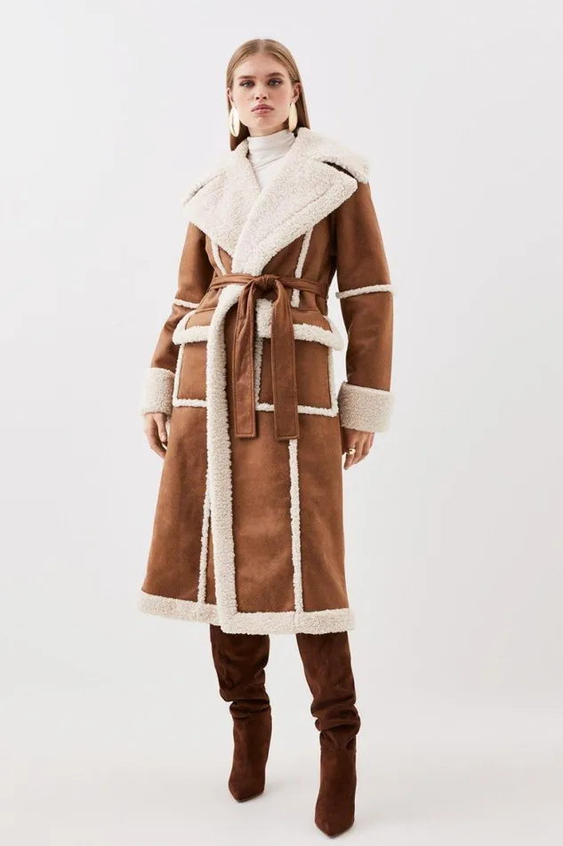 Coats and Jackets Women Karen Millen Faux Shearling Contrast Cuff And Collar Wrap Midi Coat Tan Coats and Jackets Women Karen Millen Faux Shearling Contrast Cuff And Collar Wrap Midi Coat Tan