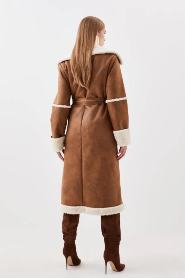 Coats and Jackets Women Karen Millen Faux Shearling Contrast Cuff And Collar Wrap Midi Coat Tan