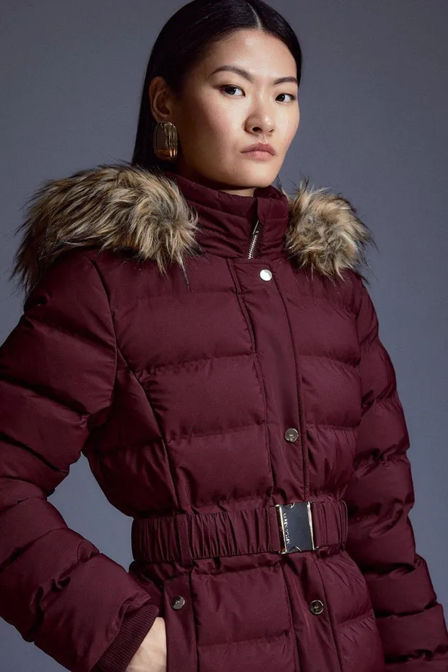 Coats and Jackets Women Karen Millen Heat Seal Puffer Belted Faux Fur Hood Jacket Berry Coats and Jackets Women Karen Millen Heat Seal Puffer Belted Faux Fur Hood Jacket Berry