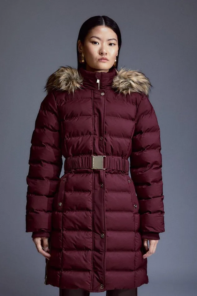 Coats and Jackets Women Karen Millen Heat Seal Puffer Belted Faux Fur Hood Jacket Berry
