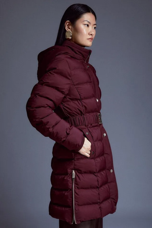 Coats and Jackets Women Karen Millen Heat Seal Puffer Belted Faux Fur Hood Jacket Berry