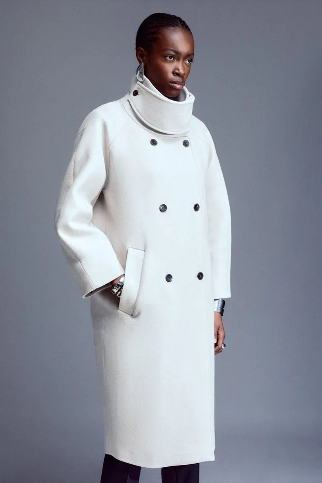 Coats and Jackets Women Karen Millen Italian Manteco Wool Blend High Neck Rounded Coat Oatmeal Coats and Jackets Women Karen Millen Italian Manteco Wool Blend High Neck Rounded Coat Oatmeal