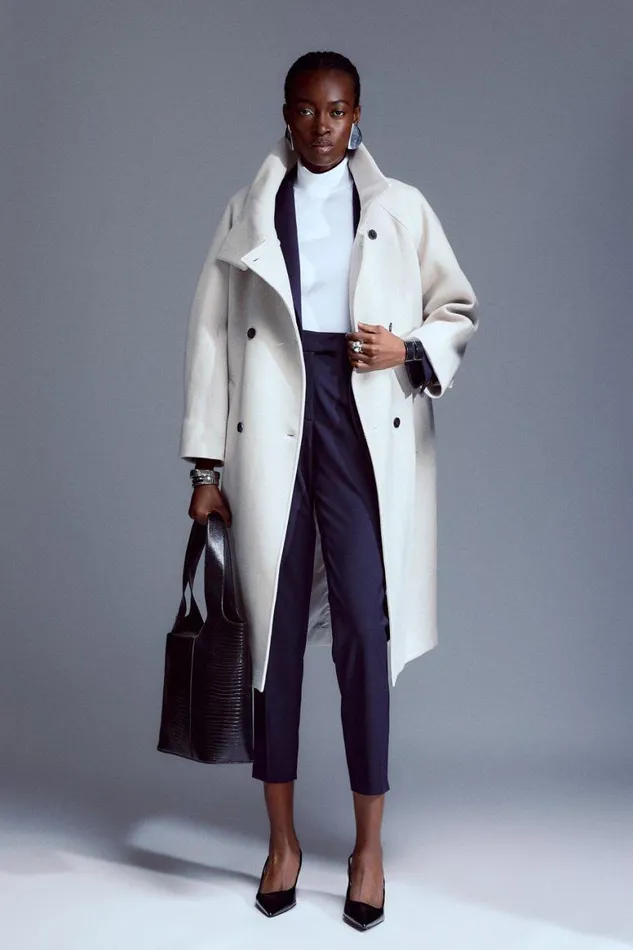 Coats and Jackets Women Karen Millen Italian Manteco Wool Blend High Neck Rounded Coat Oatmeal