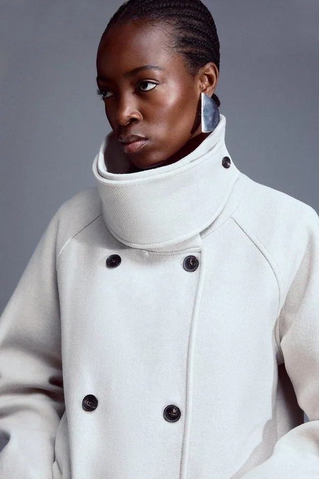 Coats and Jackets Women Karen Millen Italian Manteco Wool Blend High Neck Rounded Coat Oatmeal