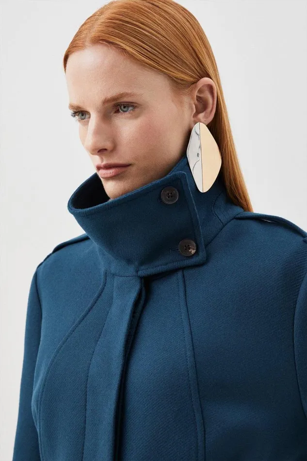 Coats and Jackets Women Karen Millen Italian Manteco Wool Blend Tailored Epaulette Detail Belted Coat Teal
