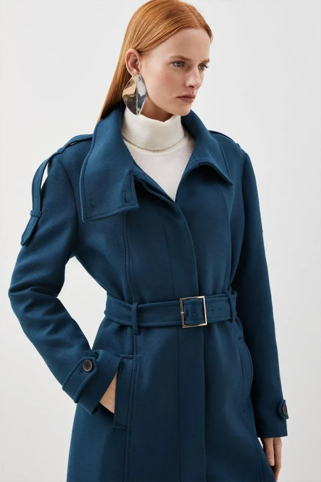 Coats and Jackets Women Karen Millen Italian Manteco Wool Blend Tailored Epaulette Detail Belted Coat Teal