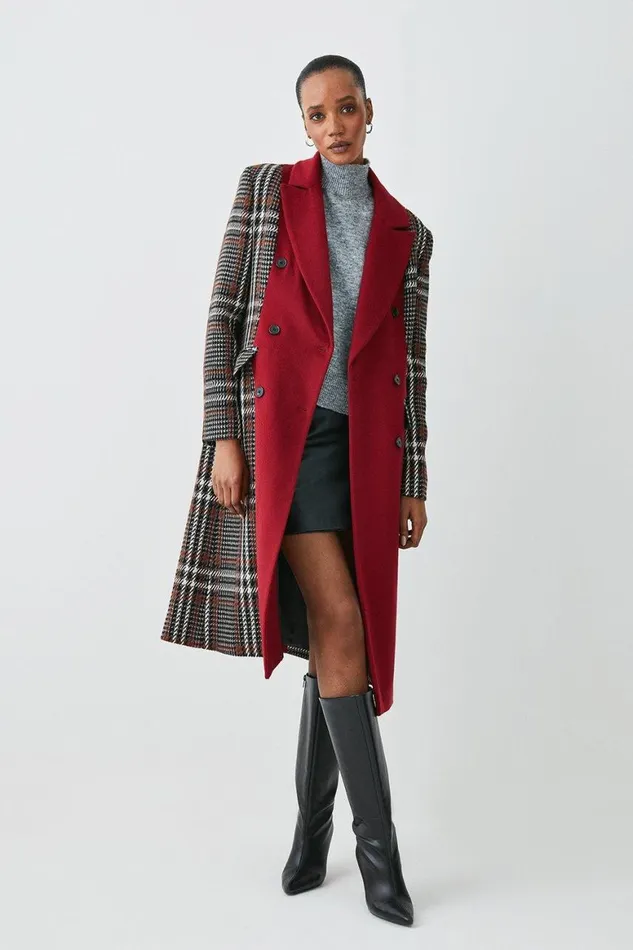 Coats and Jackets Women Karen Millen Italian Manteco Wool Colourblock Tweed Coat Red