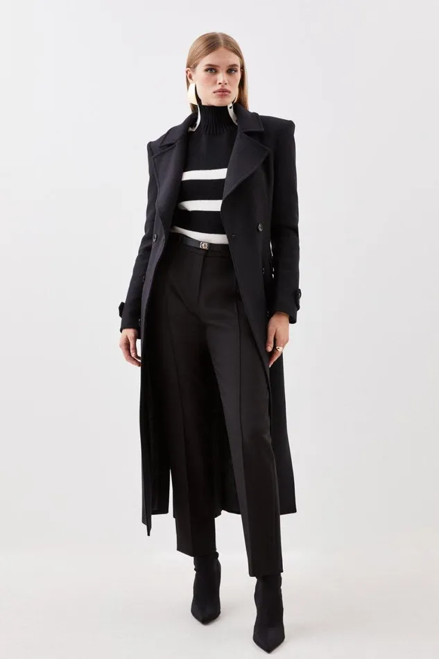 Coats and Jackets Women Karen Millen Italian Manteco Wool Double Breasted Tab Detail Belted Longline Coat Black Coats and Jackets Women Karen Millen Italian Manteco Wool Double Breasted Tab Detail Belted Longline Coat Black