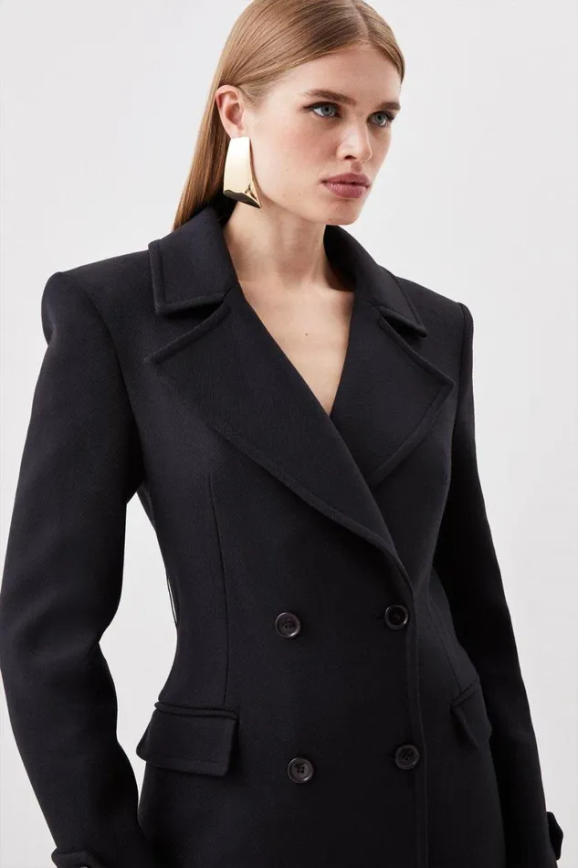 Coats and Jackets Women Karen Millen Italian Manteco Wool Double Breasted Tab Detail Belted Longline Coat Black