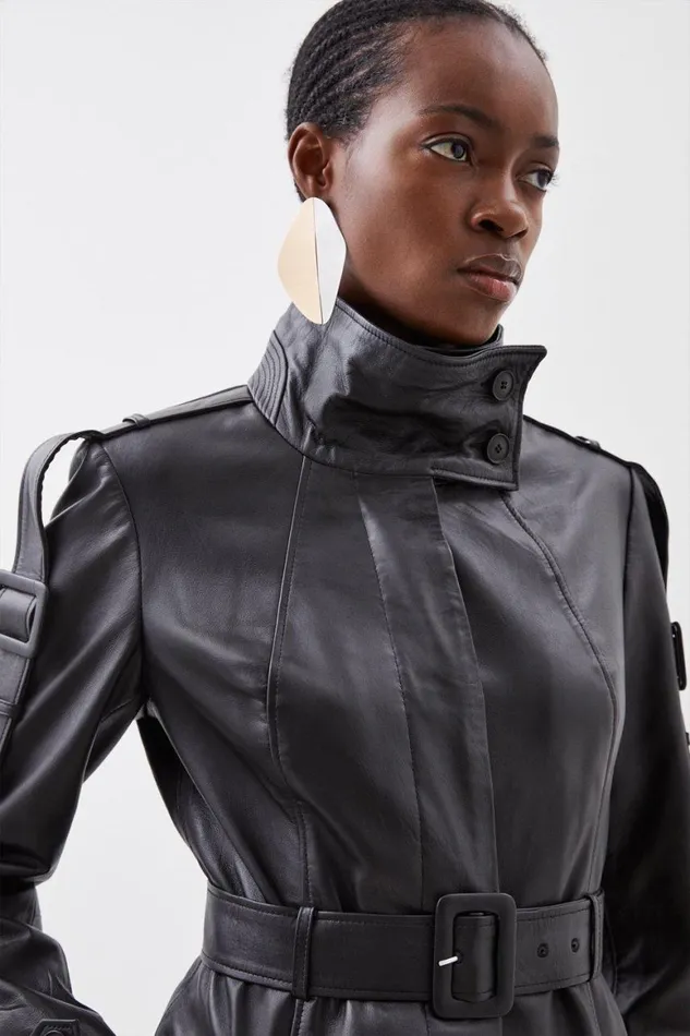Coats and Jackets Women Karen Millen Leather High Neck Belted Midi Coat Black
