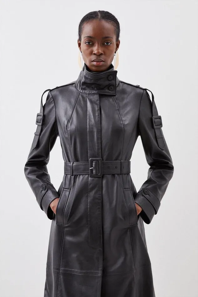Coats and Jackets Women Karen Millen Leather High Neck Belted Midi Coat Black