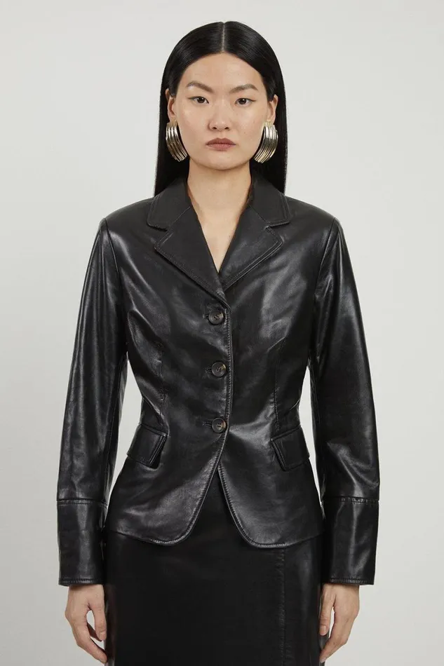 Coats and Jackets Women Karen Millen Leather Single Breasted Tailored Blazer Black Coats and Jackets Women Karen Millen Leather Single Breasted Tailored Blazer Black