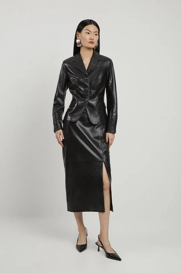 Coats and Jackets Women Karen Millen Leather Single Breasted Tailored Blazer Black