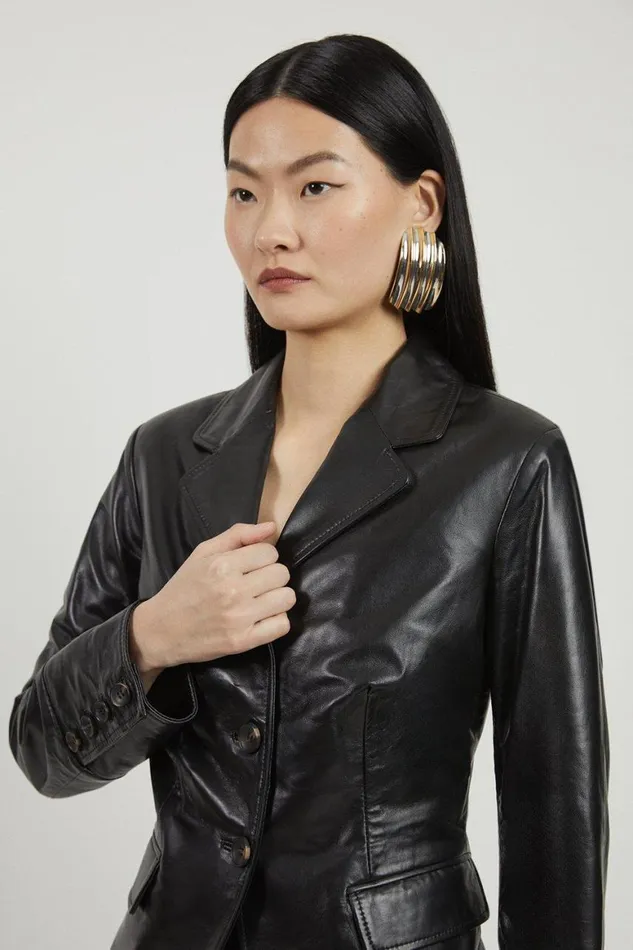 Coats and Jackets Women Karen Millen Leather Single Breasted Tailored Blazer Black