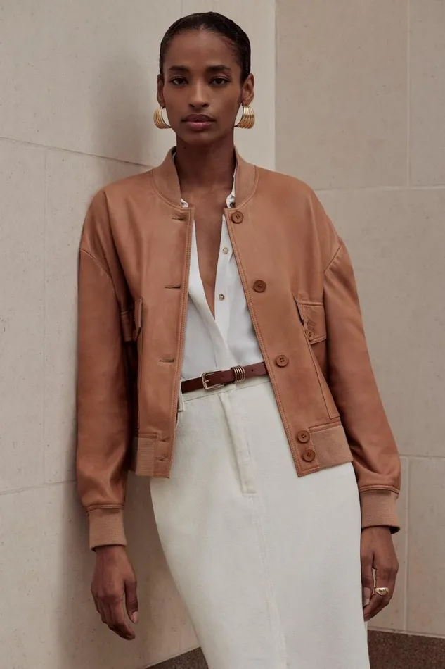 Coats and Jackets Women Karen Millen Leather Veg Tan Button Bomber Jacket Tan Coats and Jackets Women Karen Millen Leather Veg Tan Button Bomber Jacket Tan