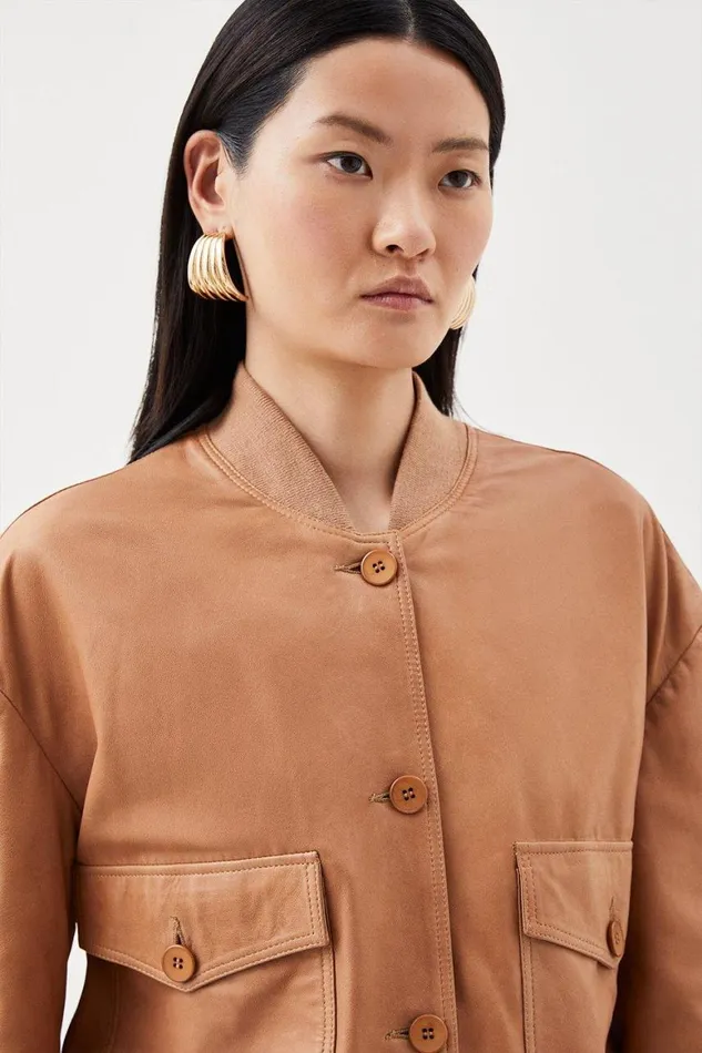 Coats and Jackets Women Karen Millen Leather Veg Tan Button Bomber Jacket Tan
