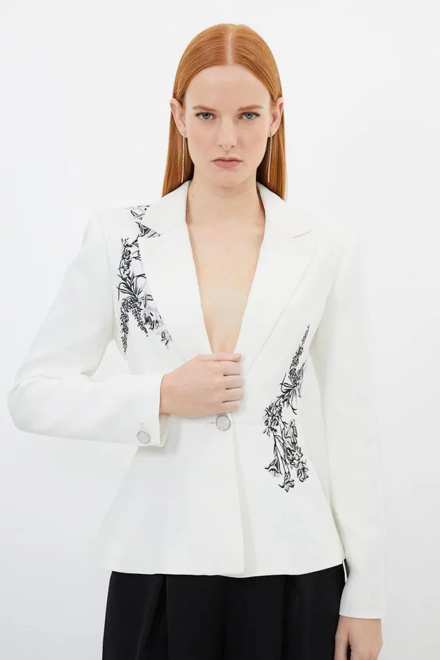 Coats and Jackets Women Karen Millen Petite Compact Viscose Tailored Peplum Embroidered Blazer Ivory Coats and Jackets Women Karen Millen Petite Compact Viscose Tailored Peplum Embroidered Blazer Ivory