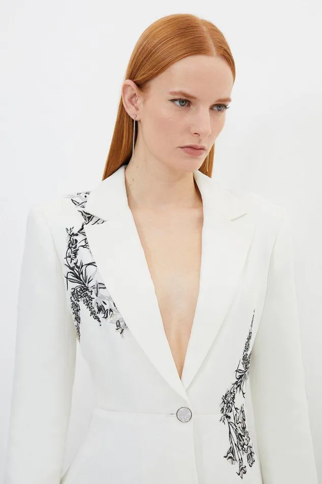 Coats and Jackets Women Karen Millen Petite Compact Viscose Tailored Peplum Embroidered Blazer Ivory