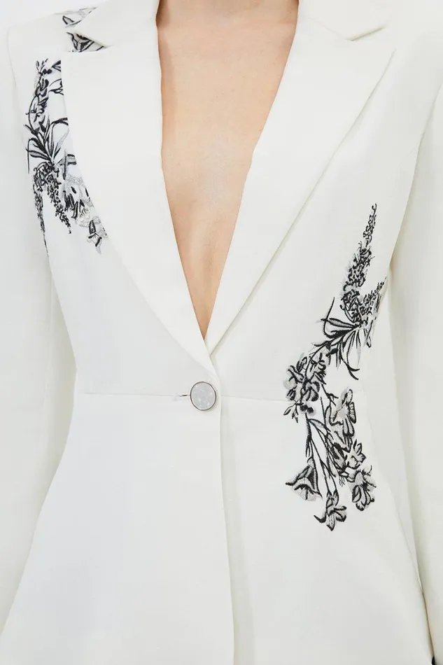 Coats and Jackets Women Karen Millen Petite Compact Viscose Tailored Peplum Embroidered Blazer Ivory