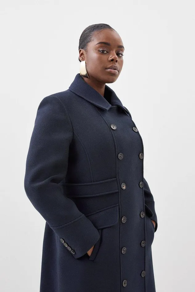 Coats and Jackets Women Karen Millen Plus Size Italian Manteco Wool Blend Double Breasted Tab Detail Coat Navy
